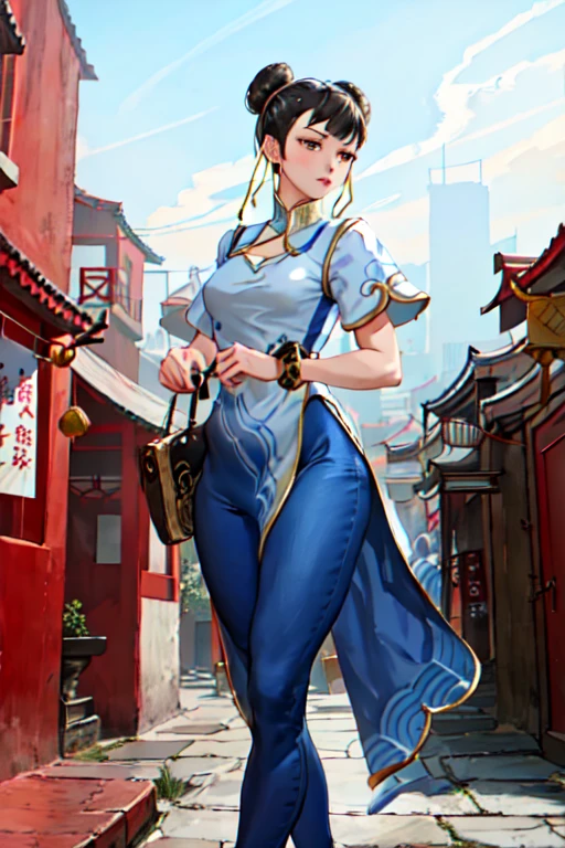 masterpiece, best quality, real picture, intricate details, 1girl, chunlims
Appearance: {milf, slender, small_breasts, slim, fit, lips, moisture lips}
Clothing: {chinese clothes, pelvic curtain, dress, pants, blue yoga pants, short sleeves}
Accessories: {bracelet, ribbon}
Hair: {hair bun, double bun}
Location: bustling cityscape, traditional chinese buildings. The sky is a hazy shade of blue. People hurry past, going about their day. The scene captures the energy and vitality of city life.
