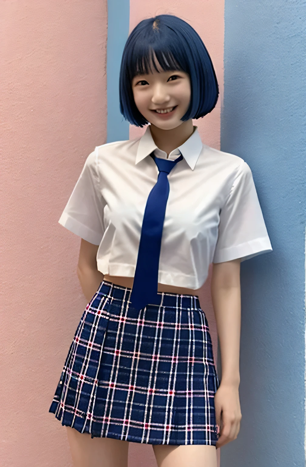 、Japanese、Small breasts, , blue hair、Bobcut, Red checkered colored tie, Navy blue mini skirt, White shirt, Idol Sculpture, Wet, smile、Pink wall、Her underwear is slightly visible、sexy、slender