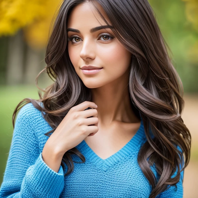 Beautiful brunette wearing blue sweater, V-neck, Very detailed, 21 years, Innocent face, Natural wavy medium long hair, The head has real strands, Brown eyes, high resolution, masterpiece, best quality, Intricate details, Very detailed, Sharp focus, Delicate skin, Practical skin texture, texture, Delicate eyes, Detailed hands, professional, 4K, Charming smile, Shooting with Canon, 85 mm, Shallow and deep, Kodak Vision Color, Perfect fit, Extremely detailed, ultra photo, photoPractical, Practical, Post-Processing, Maximum details, Roughness, real life, ultra Practical, Photorealism, photography, 8k ultra high definition, photography