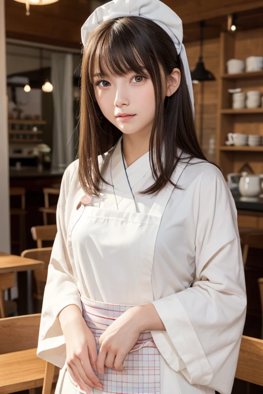 one girl, (a beauty girl, delicate girl:1.3), (15 years old:1.3),
break, (Similarly, kimono, apron:1.3),
break, Very fine grain definition, (Symmetrical eyes:1.3),
break, (Cafe:1.3),
break, Small breasts, Brown eyes, parted bangs, brown hair, girl,
break, (Eyes and facial details:1.0),
break, (masterpiece, highest quality, Super detailed, Detailed face, 8k)