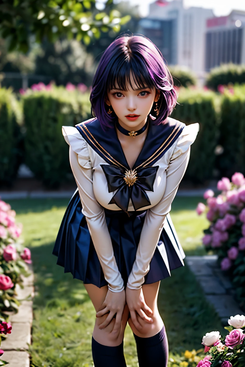 (Ultra-realistic,32k, masterpiece:1.2),(Skin with attention to detail:1.1),( high quality:1.1),
Sailor Saturn,Open your mouth,Purple Hair, tiara, Sailor Warrior Uniforms, Purple sailor color, Pleated skirt, Elbow hand pockets, jewelry, brooch, choker,Knee socks, High heels, garden, Blooming Flowers, well-groomed lawn, Fragrant blurry background,, Huge breasts,big breasts,(View your viewers, Leaning forward:1.1), (Golden Hour:1.1),