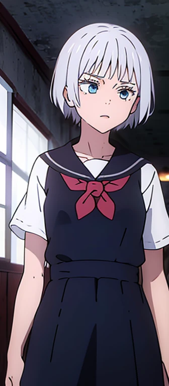 Girl  , short gray hair, blue eyes, wears a sailor dress.