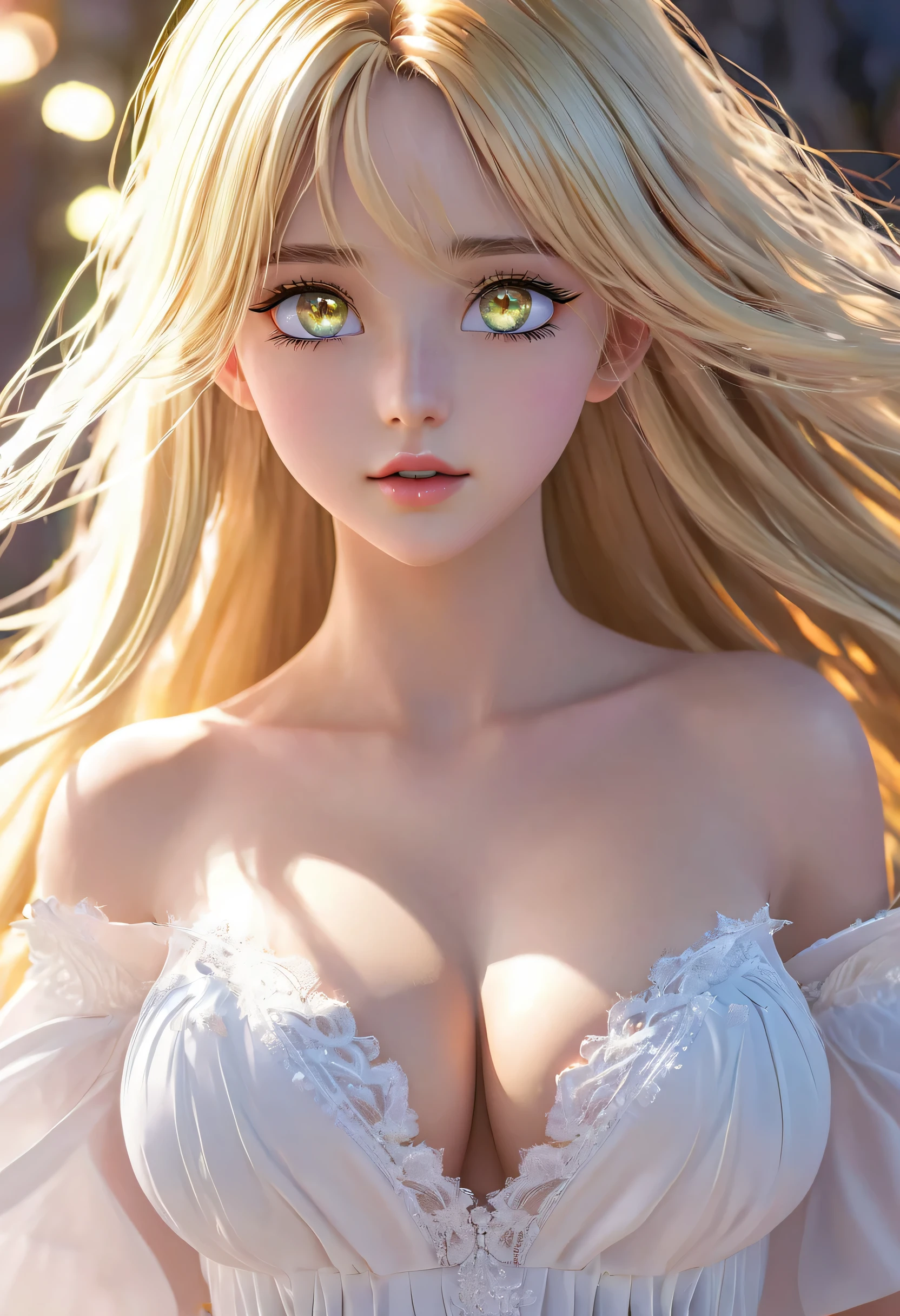 ,Light golden long hair,Aurora colored eyes,Long eyelashes,Unbelievably huge breasts,((3D anime style)),White dress with a lot of exposure,