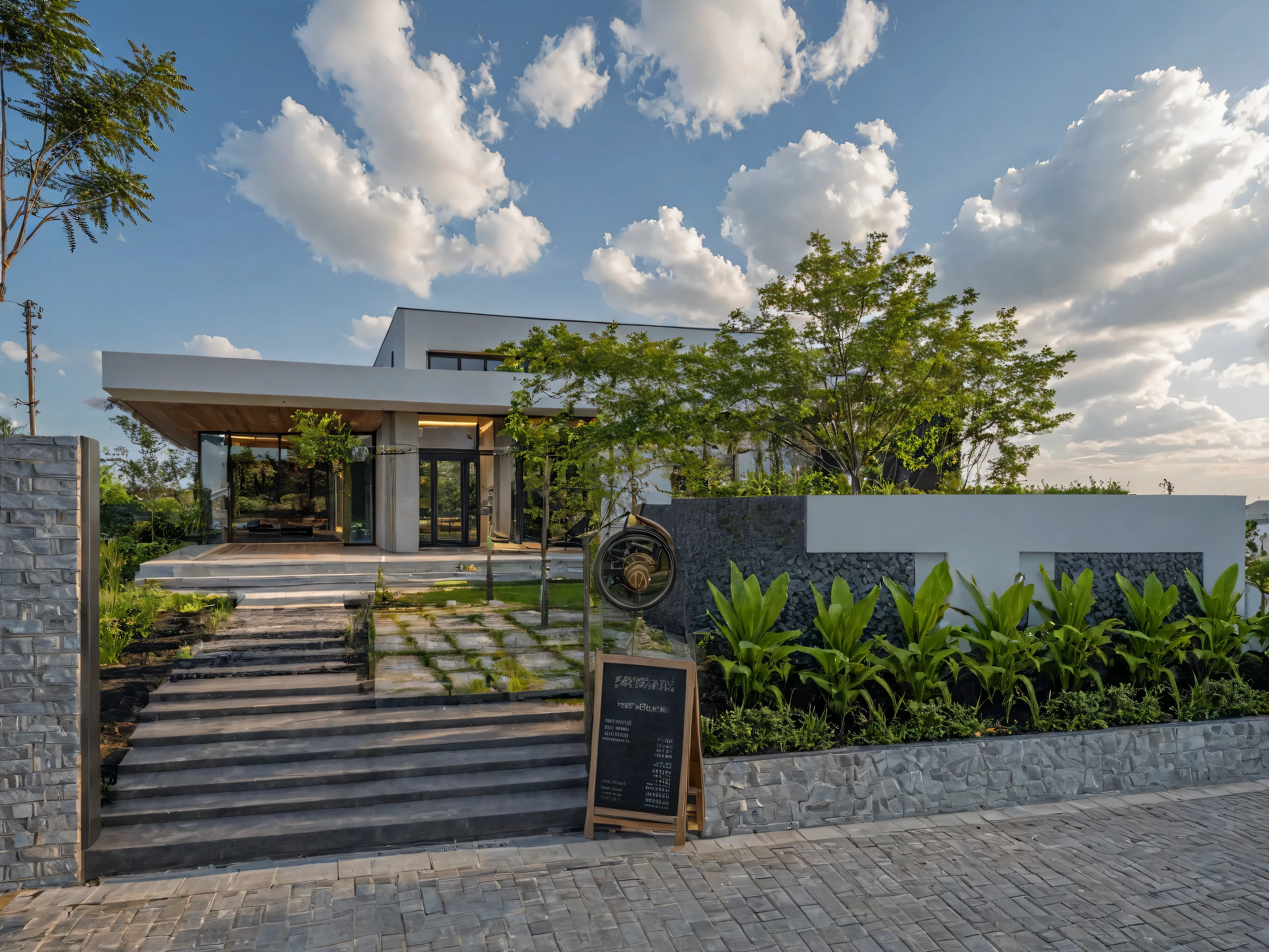 Masterpiece, high quality, best quality, authentic, super detail, outdoors, onestoreyvillaXL, aiaigroup, house style modern on the street ,stairs, white wall ,road,pavement, grass, trees, sky, cloud, (daylight:1.1)
