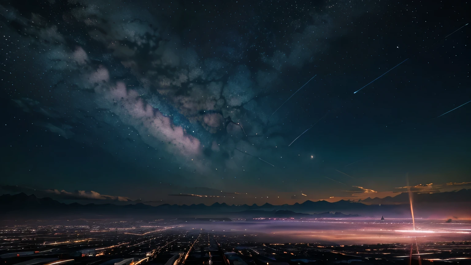 A painting of shooting stars over the lake, There are two types of stars, Pink and blue stars. the sky is blue, Purple, It has a layered color transition. You name it movie style, Anime wallpapers, Anime movie wallpapers, Perfect reflection effects, Anime sky, Amazing wallpapers, Vibrant colours, Vibrant colours, bright colors. You name it, colorful Anime movie wallpapers, Anime clouds, No homes, No buildings, Not humans. There are no ships. Beautiful anime scenes, Anime wallpaper art, Cosmic sky. author: Makoto Shinkai, Ufotable art style, Beautiful peaceful anime scenes, Anime atmosphere - without any mountains or houses, without the color orange, without the sun, without the color yellow, without any mountains or rocks.