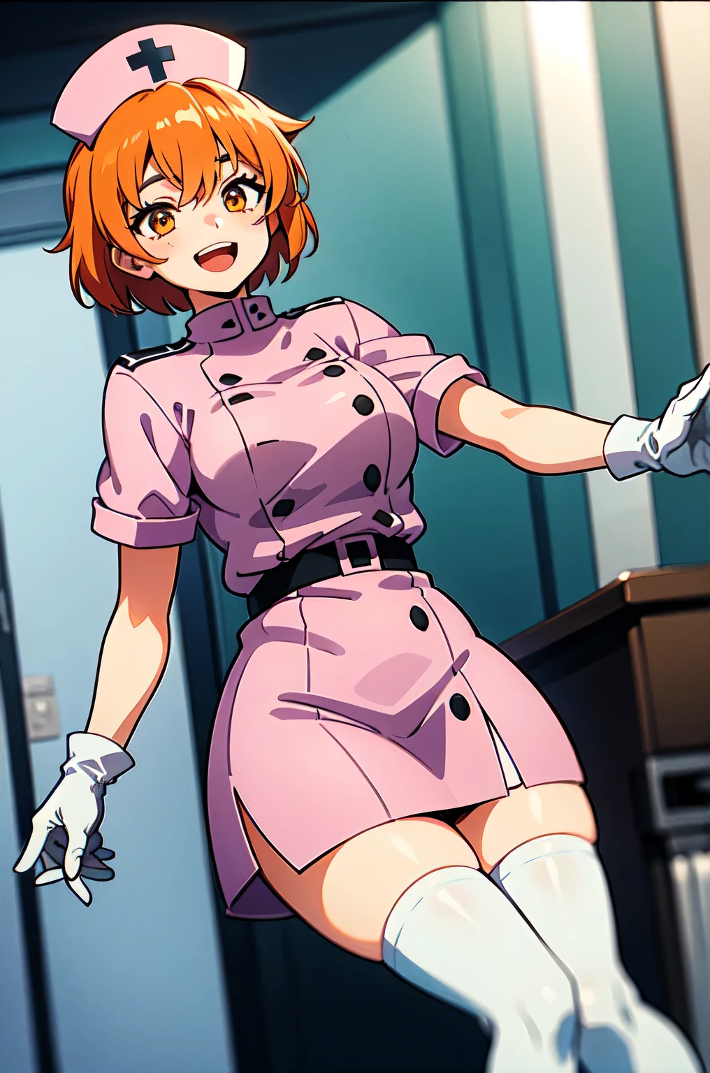 1girl, solo, nurse, nurse cap, white nurse uniform, ((white legwear, zettai ryouiki)), white gloves, very short hair, orange hair, smile, open mouth, standing, ((hospital room)), sharp outline, short sleeves, tomboy, boyish, best quality, masterpiece