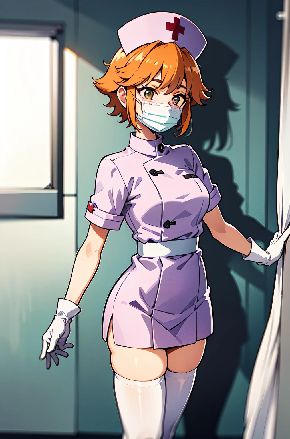 1girl, solo, nurse, nurse cap, white nurse uniform, ((white legwear, zettai ryouiki)), white gloves, very short hair, orange hair, ((white surgical mask, covered nose)), standing, ((hospital room)), sharp outline, short sleeves, tomboy, boyish, best quality, masterpiece