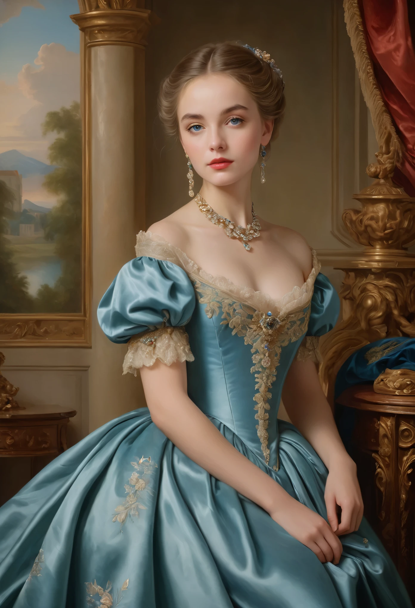 (highres,masterpiece:1.2),(realistic:1.37)A portrait of a French aristocrat girl in the 18th century with unparalleled beauty. She has mesmerizing blue eyes and delicate rosy lips. The portrait is meticulously detailed, capturing every subtle nuance of her features. She is adorned in an exquisite silk gown, embellished with intricate lace and delicate embroidery. The painting showcases the opulence of the era, with lush velvet curtains and gilded furniture in the background. The lighting is soft and diffused, accentuating the girl's ethereal beauty. The colors are vibrant and rich, creating a captivating visual experience. The portrait is created in the style of classical portraiture, reminiscent of the works of renowned artists from the era. It exudes elegance, grace, and sophistication.