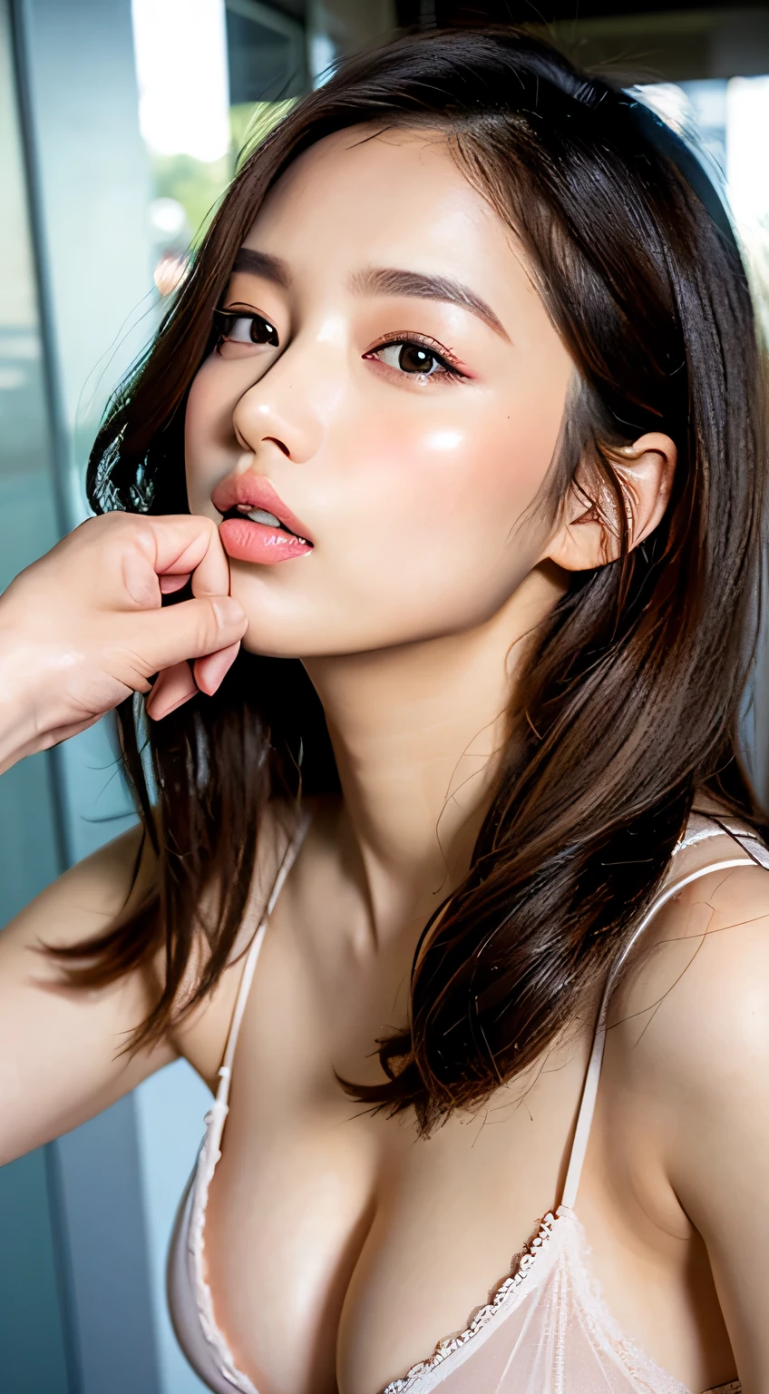 Random posture, Mix 4, (8k, RAW Photos, highest quality, masterpiece: 1.2), (Realistic, Realistic: 1.37), One girl, beautiful, beauty, Cityscape, Daytime, Professional Lighting, Photon Mapping, Radio City, Physically Based Rendering, Black Hair, Slope, Short Curly, good looking, girl, highest quality images, High resolution, 1080p, (clear face), (Detailed facial depiction), (Detailed hand description), (masterpiece), (Exquisite CGI), Extreme light and shadow, Messy Hair, Masterwork, Rich details, (beautiful features), (highest quality images), (masterpiece), (Fine grain), look ahead with your eyes, Thin clavicle, Silver lingerie, big, ???????????, whole body,

Ultra-detailed lips, Fuller lips, glossy pink lips, Flushed Cheeks, White teeth, 
Beautiful actress's ennui makeup, pink lipstick, 

((Look up)),
((Kiss the viewer:1.5)),
((Squinting)), 
((pursing lips:1.5)),
((Fingers touching lips)), 
((Blushing)),

The ?????? of the ?????? is beautiful:1.2, 
(?????????????? shape, Flat ?????:1.2), 
It is a small pale pink ??????., 
(She has a cute plump ????, Stick your ???? out),