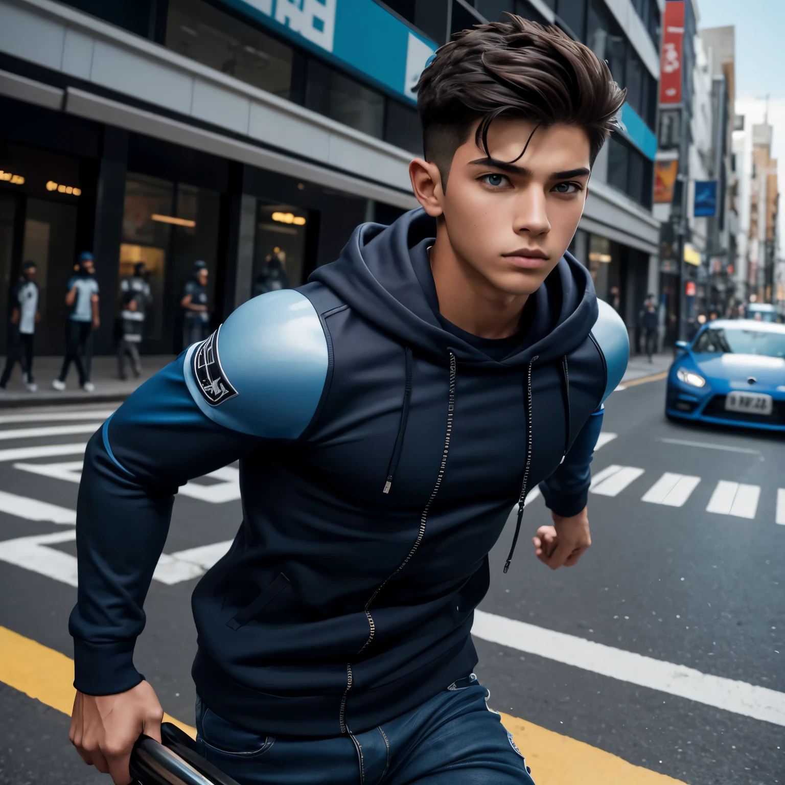  muscular boy, piel algo canela, con casco negro que oculta su rostro y sudadera sin mangas de color azul navy, que conduce un auto lujoso de color azul en una carrera ilegal por la ciudad 