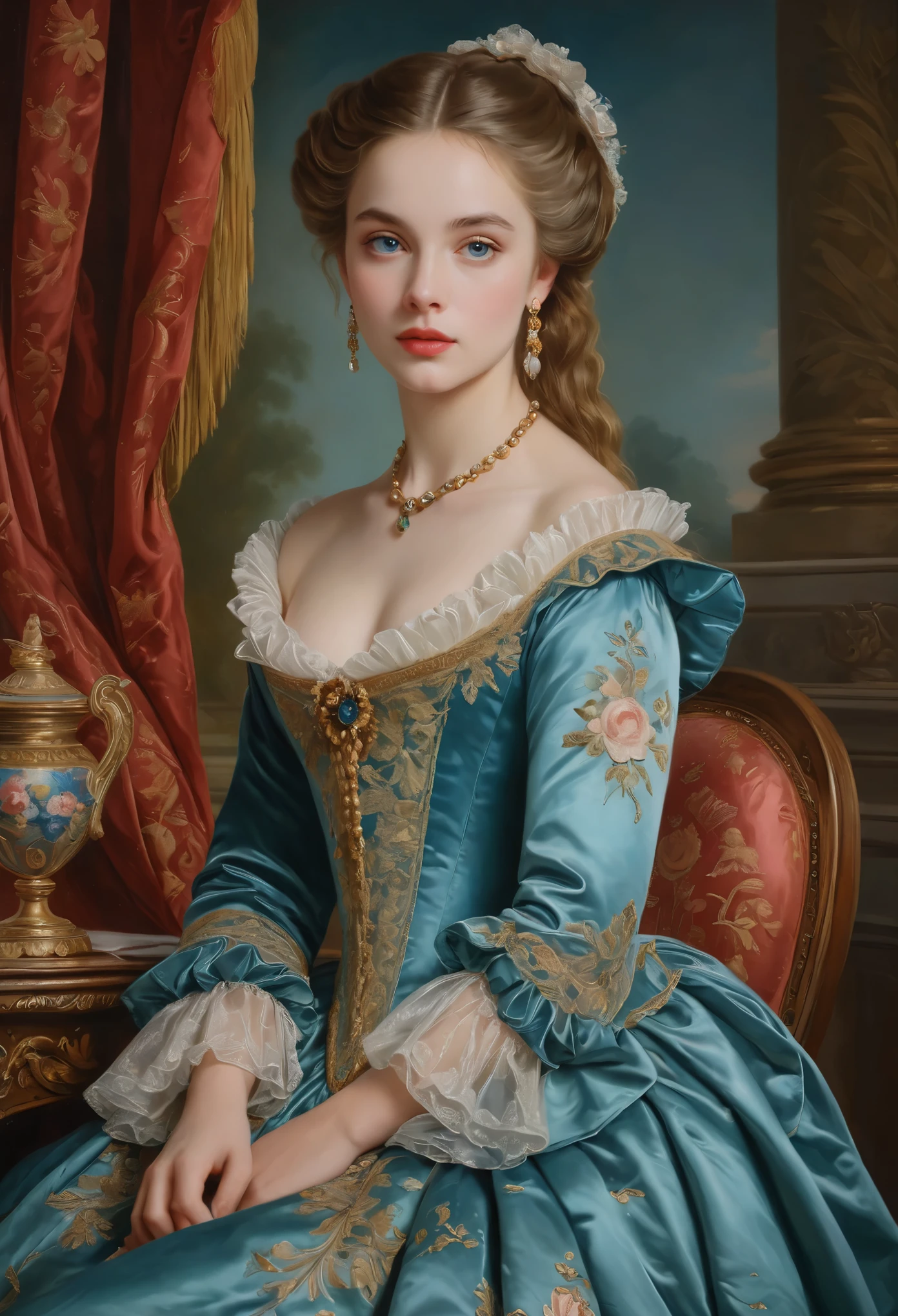 (highres,masterpiece:1.2),(realistic:1.37)A portrait of a French aristocrat girl in the 18th century with unparalleled beauty. She has mesmerizing blue eyes and delicate rosy lips. The portrait is meticulously detailed, capturing every subtle nuance of her features. She is adorned in an exquisite silk gown, embellished with intricate lace and delicate embroidery. The painting showcases the opulence of the era, with lush velvet curtains and gilded furniture in the background. The lighting is soft and diffused, accentuating the girl's ethereal beauty. The colors are vibrant and rich, creating a captivating visual experience. The portrait is created in the style of classical portraiture, reminiscent of the works of renowned artists from the era. It exudes elegance, grace, and sophistication.