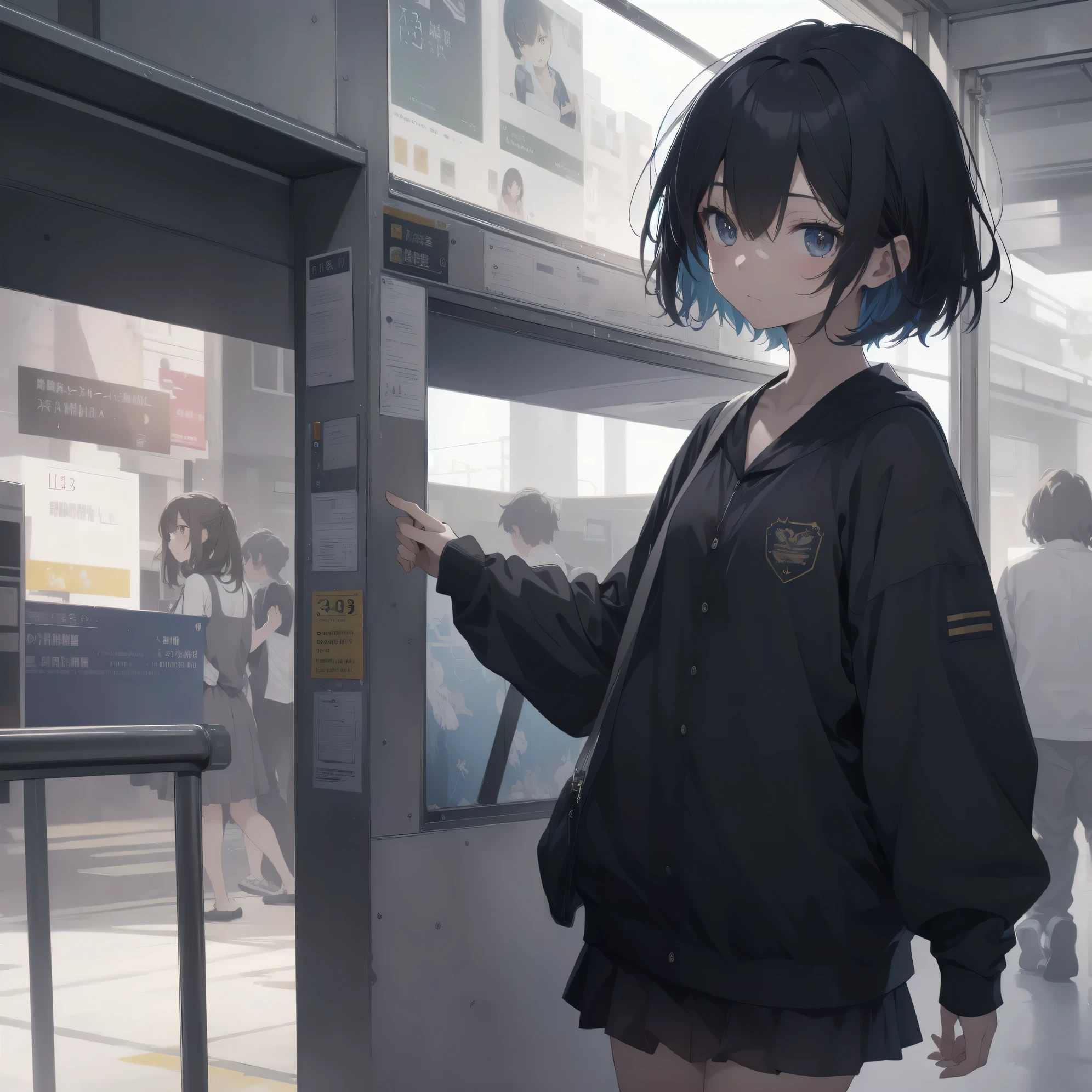 ultra-absurdres-Top quality by artist God, ultra-detailed, high resolution, anime moe artstyle, best anime 8k konachan wallpaper, pixiv contest winner,pool:2810, perfect anatomy,break, 1girl, (Please draw a girl walking sleepily to school alone. )break,(Solo,little female, 13-year-old:1.3),Full limbs, complete fingers,a junior high school student, (very short hair), short cut, flat chest, , small butt, small black eyes, beautiful detailed eyes, well-proportioned iris and pupils, expressive eyes, highres detailed hair, soft expression, school_uniform, official_alternate_costume, pleated skirt,(Detailed Lighting), (Detailed background), in the School commute route. break,super detailed skin, Best cinematic lighting powered by famous artist, 8k,beauty illustration,photoshop_(medium),very aesthetic,break,((artist:kou_hiyoyo )), artist:akinashi yuu ,artist:oyari ashito ,artist:kantoku ,
