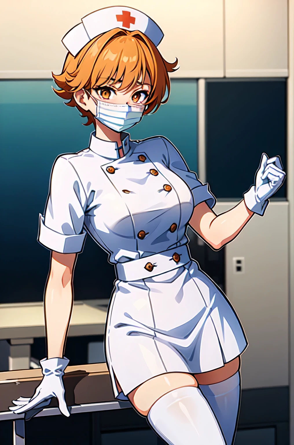 1girl, solo, nurse, nurse cap, white nurse uniform, ((white legwear, zettai ryouiki)), white gloves, very short hair, orange hair, ((white surgical mask, covered nose)), standing, ((hospital room)), sharp outline, short sleeves, tomboy, boyish, best quality, masterpiece