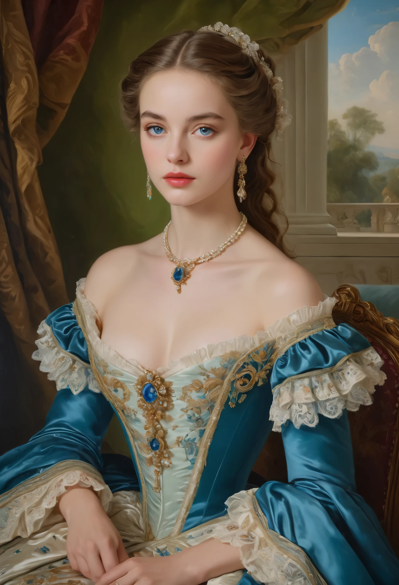 (highres,masterpiece:1.2),(realistic:1.37)A portrait of a French aristocrat girl in the 18th century with unparalleled beauty. She has mesmerizing blue eyes and delicate rosy lips. The portrait is meticulously detailed, capturing every subtle nuance of her features. She is adorned in an exquisite silk gown, embellished with intricate lace and delicate embroidery. The painting showcases the opulence of the era, with lush velvet curtains and gilded furniture in the background. The lighting is soft and diffused, accentuating the girl's ethereal beauty. The colors are vibrant and rich, creating a captivating visual experience. The portrait is created in the style of classical portraiture, reminiscent of the works of renowned artists from the era. It exudes elegance, grace, and sophistication.