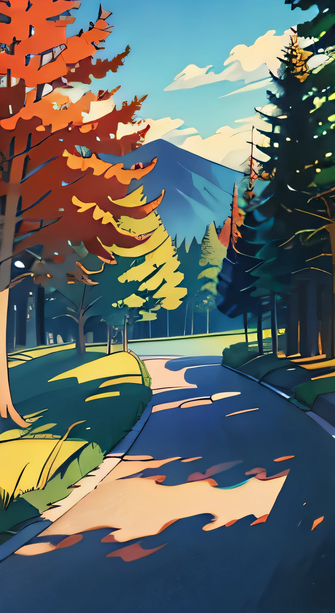 There is a picture of a road with trees, Inspired by David Hockney, Inspired by Stan Berenstain and Jane Berenstain, Inspired by Armand Guillaumin, inspired by Peter Max, Coloring, color, Vibrant gouache landscapes, Artwork about roads , color painting, Color with many colors, color highway, By Emily Carr (Emily Carr) of inspiration