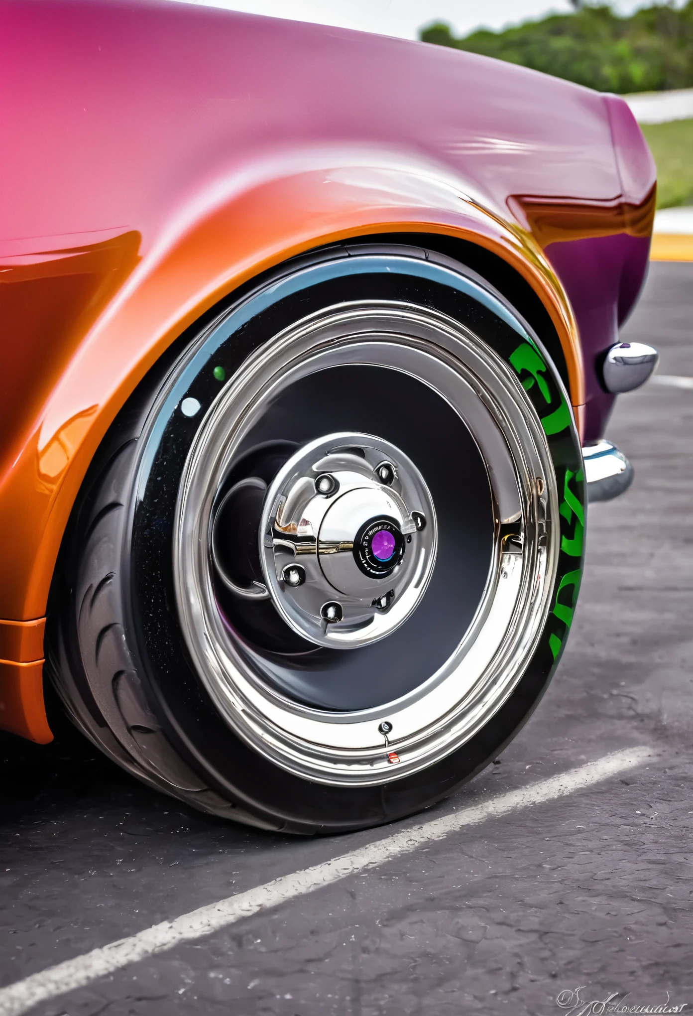 DIAGONAL CAMERA and far, imagem inteira de Uma linda garota de 18 anos dirigindo dentro de um mustang fastback  hot rod, COR roxo cromado METALICO reflexivo, METALLIC purple COLOR, Estilo Hotrod , estilo filme stalone cobra, a pintura reflete a luz do sol, reflexo do brilho da luz na pintura, tem roda cor roxa estrela, tem roda cor roxa estrela, rodas esportivas grossas e ridiculously largas e viradas, RODAS DOURADAS E POLIDAS, tem rodas douradas, ridiculously lowered front suspension, dentro de uma garagem com paredes brancas, imagem em pose diagonal, obra prima, imagem inteira 