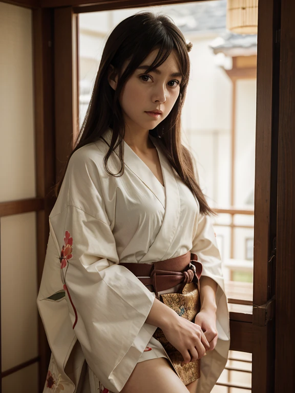 beautiful, masterpiece, best quality, extremely detailed face, perfect lighting, 1girl, solo, matoi ryuuko, japanese clothes, kimono, short kimono, cowboy shot