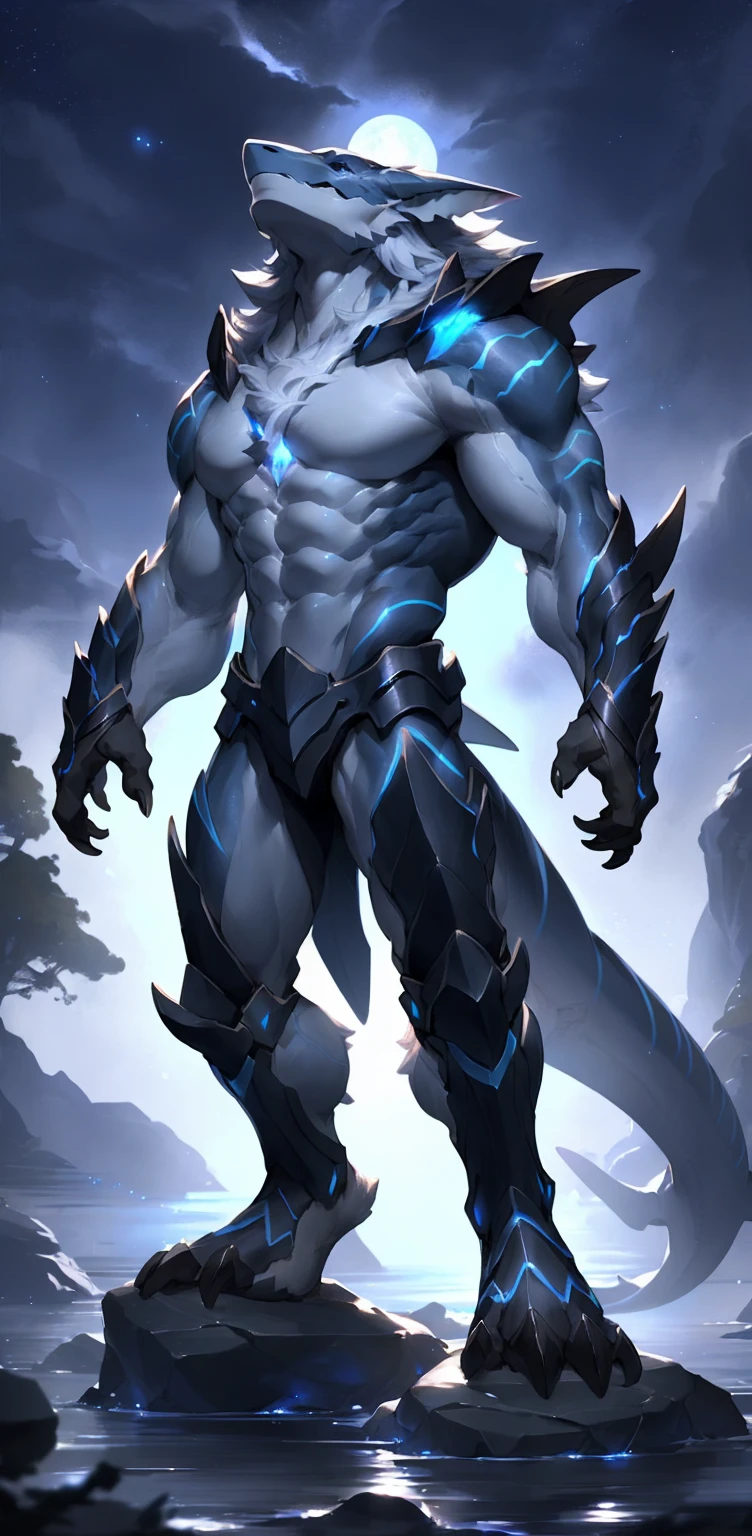 Void Demon, Huge torso, Large Breasts,shark ,huge biceps, night, Sensual, Huge muscles, Titanic abs, standing on rock, detailed, Upload to E621, beautiful and detailed portrait ((male))), ((Solitary)), reduce, Rostland, Ruan Jia, Boniface, Upload to E621, Zaush, Fossv, , Dajiao, Movie Lighting, Long Tail, Everlasting, moonlight, Open your legs, Long hair,Loin cloth,blue stripes,Sharp claws,Turn your head,Fly in the air,Blue purple wings,Thin and tall,Armor