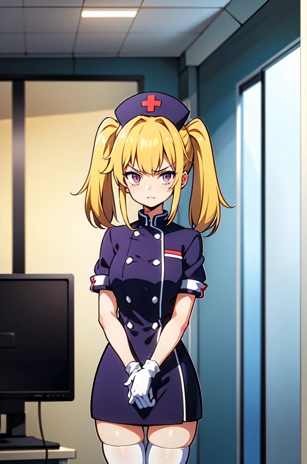 1girl, solo, nurse, nurse cap, white nurse uniform, ((white legwear, zettai ryouiki)), white gloves, twintails, yellow hair, purple eyes, angry, crossed arms, standing, ((hospital room)), sharp outline, short sleeves, best quality, masterpiece