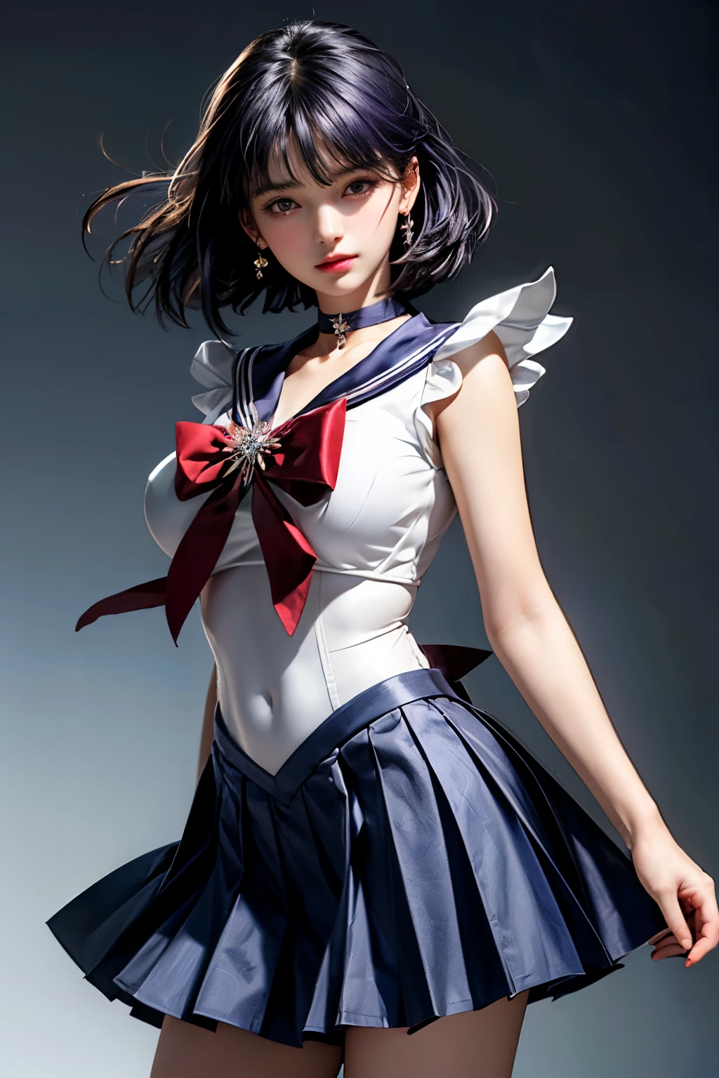 (Ultra-realistic,32k, masterpiece:1.2),(Skin with attention to detail:1.1),( high quality:1.1),
Sailor Saturn,sad,Purple Hair, tiara, Sailor Warrior Uniforms, Purple sailor color, Pleated skirt, Elbow hand pockets, jewelry, brooch, choker, Blank Background Blurred Background,, Huge breasts,big breasts,(View your viewers, Stand from below:1.1), (refraction:1.1),