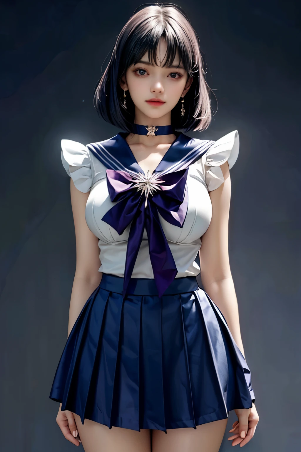 (Ultra-realistic,32k, masterpiece:1.2),(Skin with attention to detail:1.1),( high quality:1.1),
Sailor Saturn,sad,Purple Hair, tiara, Sailor Warrior Uniforms, Purple sailor color, Pleated skirt, Elbow hand pockets, jewelry, brooch, choker, Blank Background Blurred Background,, Huge breasts,big breasts,(View your viewers, Stand from below:1.1), (refraction:1.1),