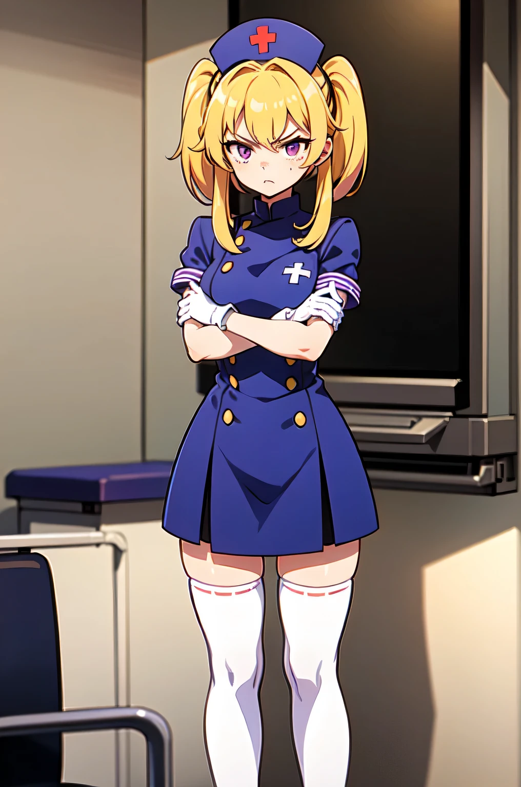 1girl, solo, nurse, nurse cap, white nurse uniform, ((white legwear, zettai ryouiki)), white gloves, twintails, yellow hair, purple eyes, angry, crossed arms, standing, ((hospital room)), sharp outline, short sleeves, best quality, masterpiece