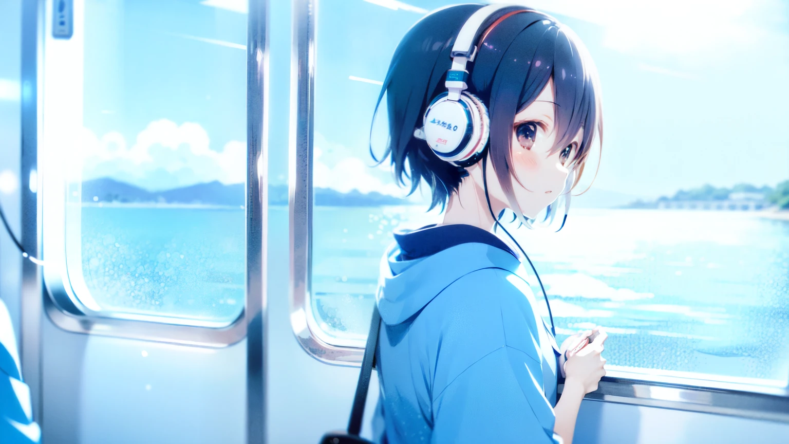 on the train、Headphones、look outside、beautiful girl、evening sea、Japanese anime style