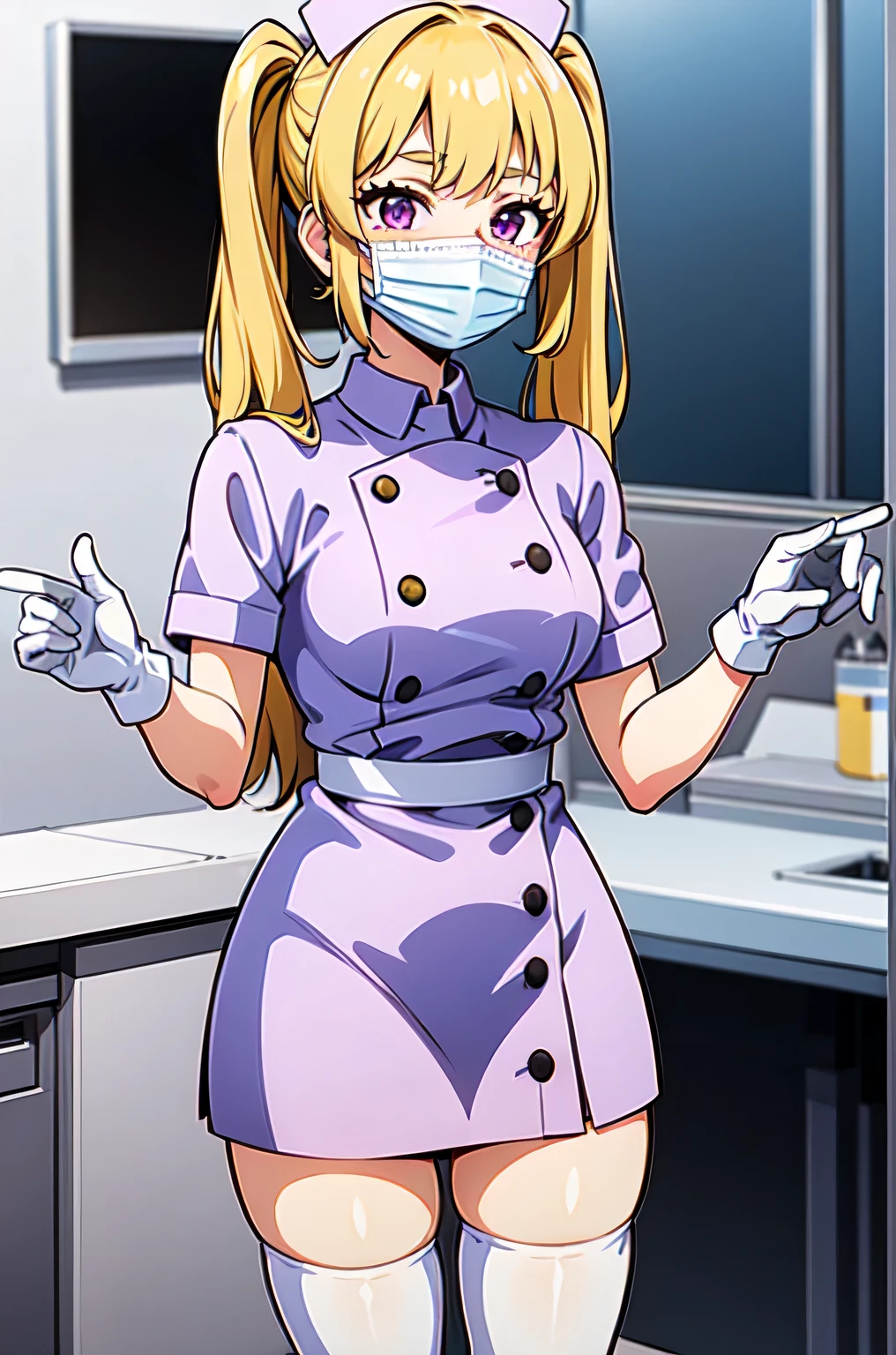 1girl, solo, nurse, nurse cap, white nurse uniform, ((white legwear, zettai ryouiki)), white gloves, twintails, yellow hair, purple eyes, ((white surgical mask, covered nose)), standing, ((hospital room)), sharp outline, short sleeves, best quality, masterpiece