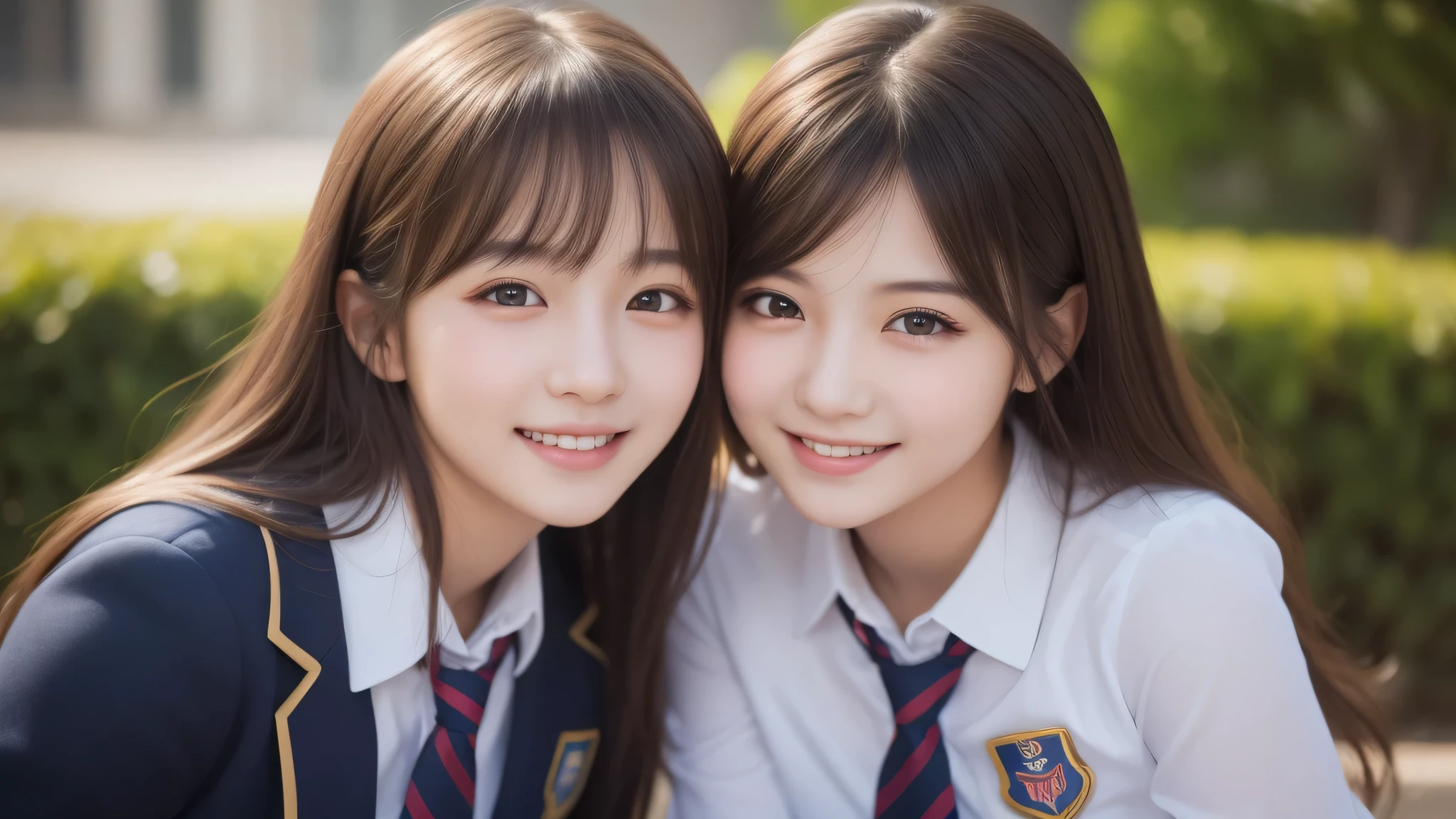 (2girl:1.2), enchanting smile, (Best Quality:1.4), Realistic, extremely detailed CG unified 8k wallpaper, highly detailed, High-definition raw color photos, professional photography, Realistic portrait, Cinematic Light, Beautiful detailed, Beautiful breasts, (Fine face:1.2), Close up portrait of girl, (high school uniform:1.2), Outdoors,