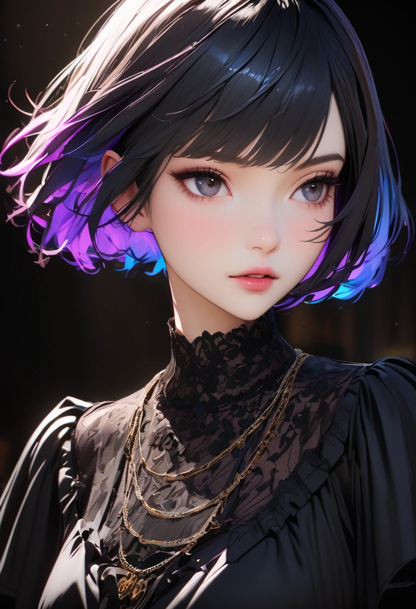masterpiece, best quality,3D rendering work ,3DMM style,close up,portrait, 3D,1 Girl, Solitary, Colorful hair, Blue Hair, Black Hair, necklace, freckle, jewelry, Two-tone hair, look to the side, Practical, Upper Body, Simple background, Bangs, Look away, short hair, parted Lips, black eyes, Lips, Gothic, necklace, cosmetic, black shirt, Lace, Watermark