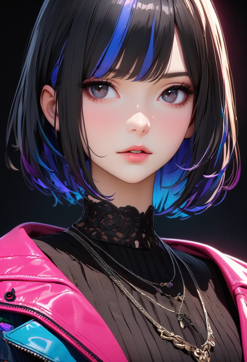 masterpiece, best quality,3D rendering work ,3DMM style,close up,portrait, 3D,1 Girl, Solitary, Colorful hair, Blue Hair, Black Hair, necklace, freckle, jewelry, Two-tone hair, look to the side, Practical, Upper Body, Simple background, Bangs, Look away, short hair, parted Lips, black eyes, Lips, Gothic, necklace, cosmetic, black shirt, Lace, Watermark