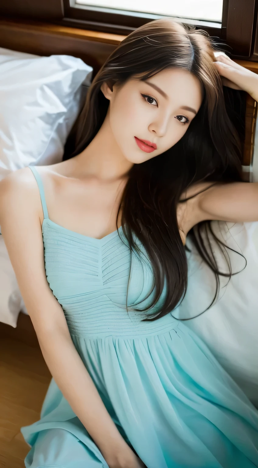(1 Girl:1.2), sleeping on a large bed next to the floor-to-ceiling window, Woman wearing fluid modal dress, complementary colors, Elegant temperament, Elegant intellectual feeling, High image quality, Long hair, Delicate skin and cloth textures, Delicate eyes, Detailed long eyelashes, Double eyelids, Portrait Photography, Focal length 85 mm, Aperture F1.2, God&#39;s perspective, realism, Quiet and beautiful time,