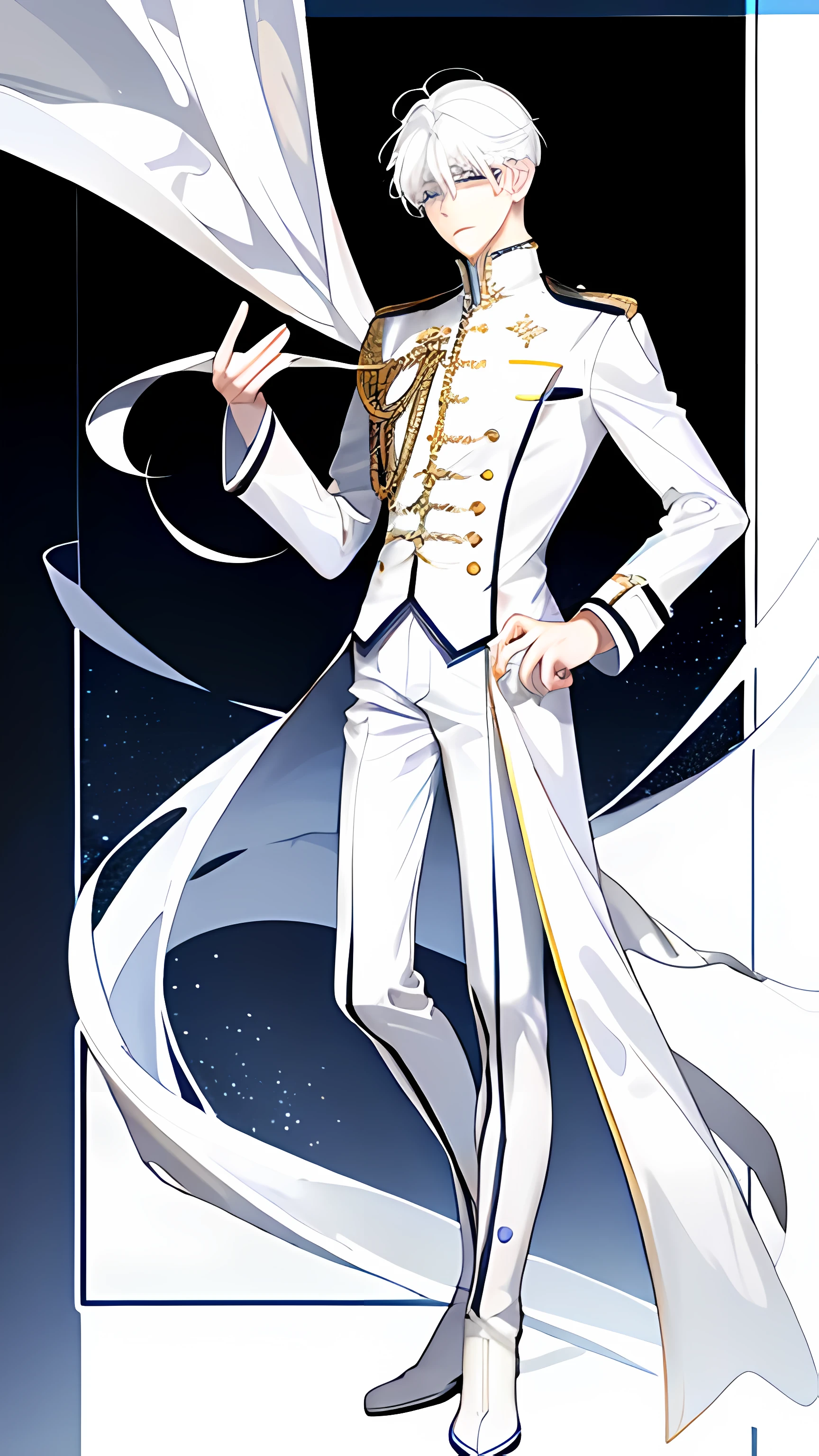 first-class、high resolution、One Man、Are standing、Long legs、white hair short hair、White collared military uniform、White trousers、White boots、suspicious、stylish