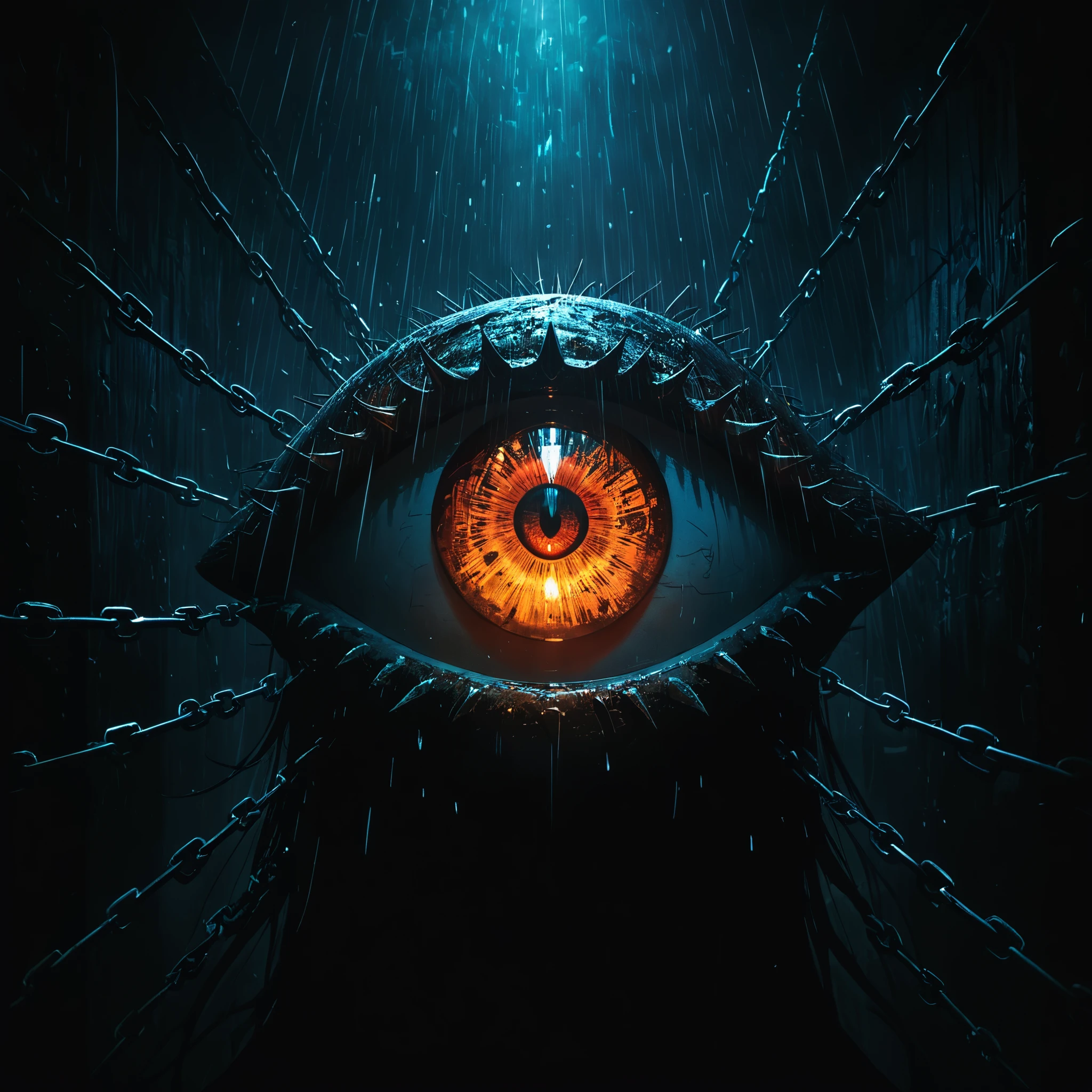 Portrait of a mysterious giant eye, indoor, Fluorescent illumination, (((Darkness shrouded,black background,shadow, extreme darkness,Dark atmosphere))), Wall background, (Fluorescent wolf head pattern graffiti:1.1), white Wolf head hidden in the darkness, 1girl, Oversized black T-shirt, big Breast, Waistless T-shirt, orange fluorescent hair, Fluorescent orange eyes, long hair, Messy hair, Low rise denim shorts, orange eye shadow, (Vanishing point, Vines Covered Foreground), Grin, Open your mouth, evil smiley, trigger finger, Shark Teeth, Dark and Edgy, Surrealist elements, expressive brushstrokes, dynamic composition, extreme detail description, chain, barbed wire, wooden stake, (red moonlight), heavy rain, silhouette, cowboy shot, Depth of Field, Cubist Futurism, cinematic lighting, motion blur, optical illusion, UHD, retina, masterpiece, ccurate, high details, high quality, best quality