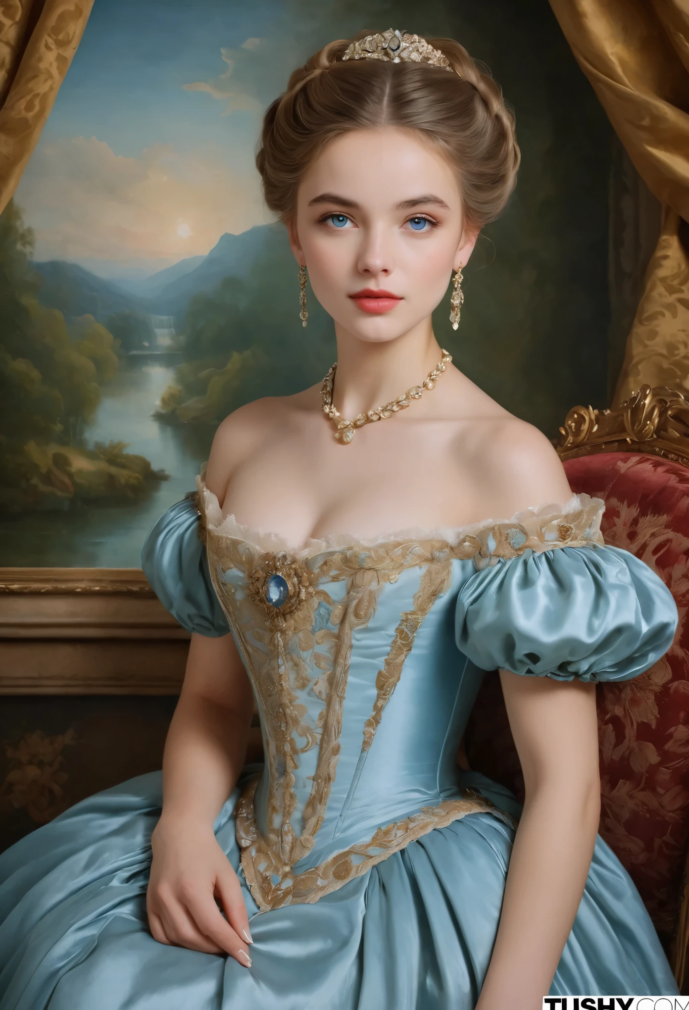 (highres,masterpiece:1.2),(realistic:1.37)A portrait of a French aristocrat girl in the 18th century with unparalleled beauty. She has mesmerizing blue eyes and delicate rosy lips. The portrait is meticulously detailed, capturing every subtle nuance of her features. She is adorned in an exquisite silk gown, embellished with intricate lace and delicate embroidery. The painting showcases the opulence of the era, with lush velvet curtains and gilded furniture in the background. The lighting is soft and diffused, accentuating the girl's ethereal beauty. The colors are vibrant and rich, creating a captivating visual experience. The portrait is created in the style of classical portraiture, reminiscent of the works of renowned artists from the era. It exudes elegance, grace, and sophistication.