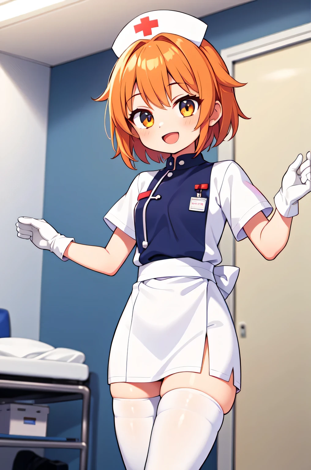 1girl, solo, nurse, nurse cap, white nurse uniform, ((white legwear, zettai ryouiki)), white gloves, very short hair, orange hair, smile, open mouth, standing, ((hospital room)), sharp outline, short sleeves, tomboy, boyish, best quality, masterpiece