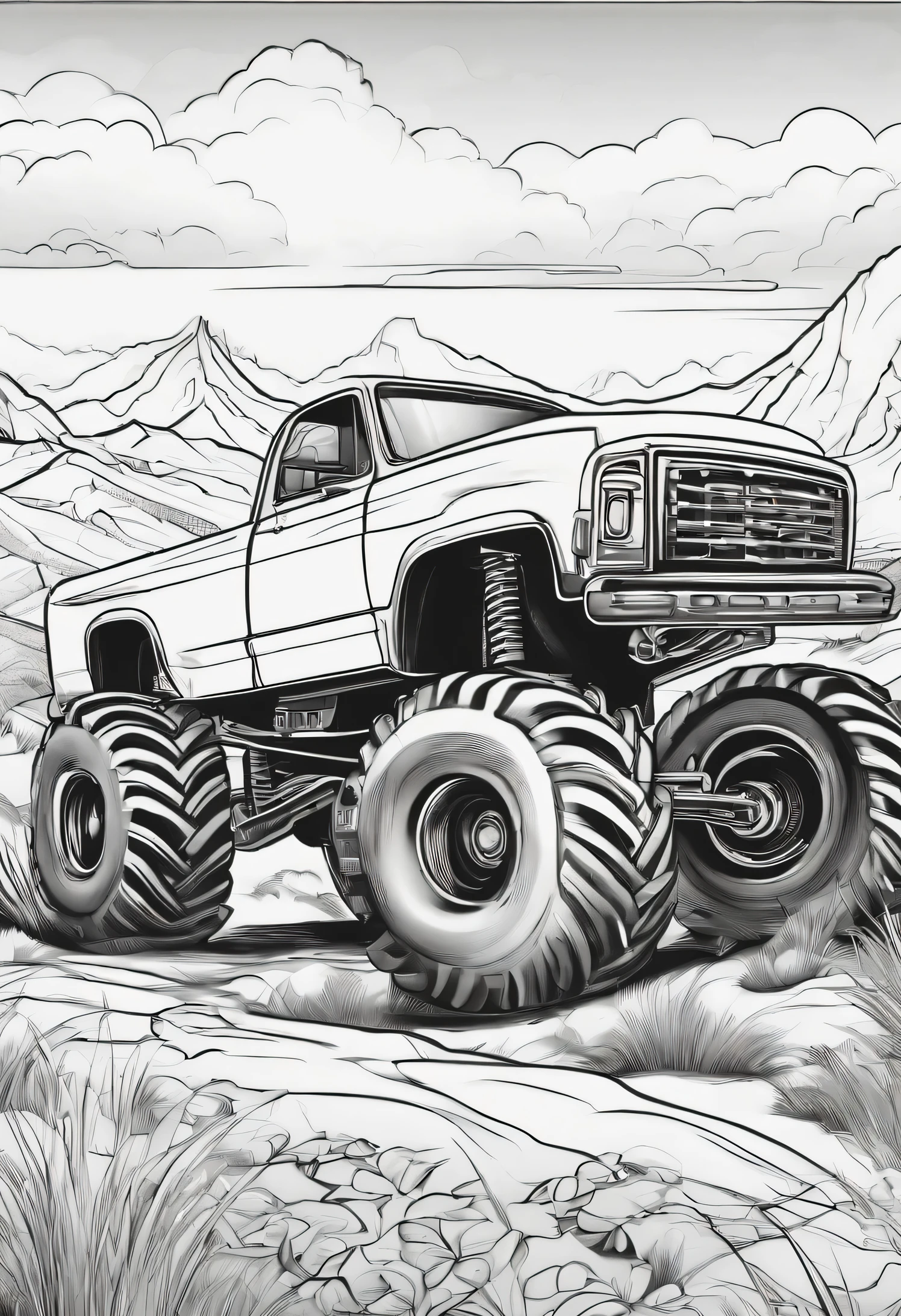a picture of a car in the style of a monster truck cartoon in the form of a children's colouring book, in black and white, against a background of city or mountain landscapes.