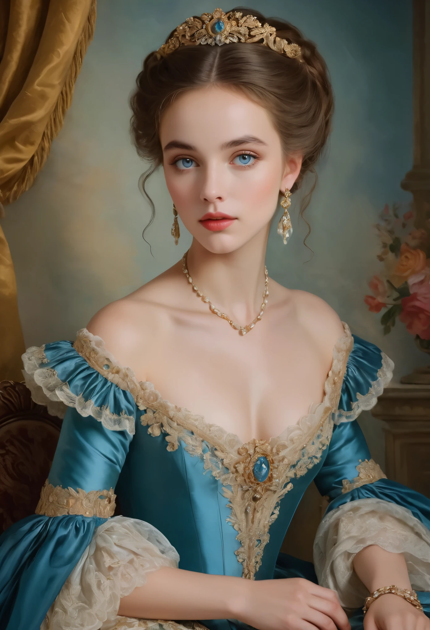 (highres,masterpiece:1.2),(realistic:1.37)A portrait of a French aristocrat girl in the 18th century with unparalleled beauty. She has mesmerizing blue eyes and delicate rosy lips. The portrait is meticulously detailed, capturing every subtle nuance of her features. She is adorned in an exquisite silk gown, embellished with intricate lace and delicate embroidery. The painting showcases the opulence of the era, with lush velvet curtains and gilded furniture in the background. The lighting is soft and diffused, accentuating the girl's ethereal beauty. The colors are vibrant and rich, creating a captivating visual experience. The portrait is created in the style of classical portraiture, reminiscent of the works of renowned artists from the era. It exudes elegance, grace, and sophistication.