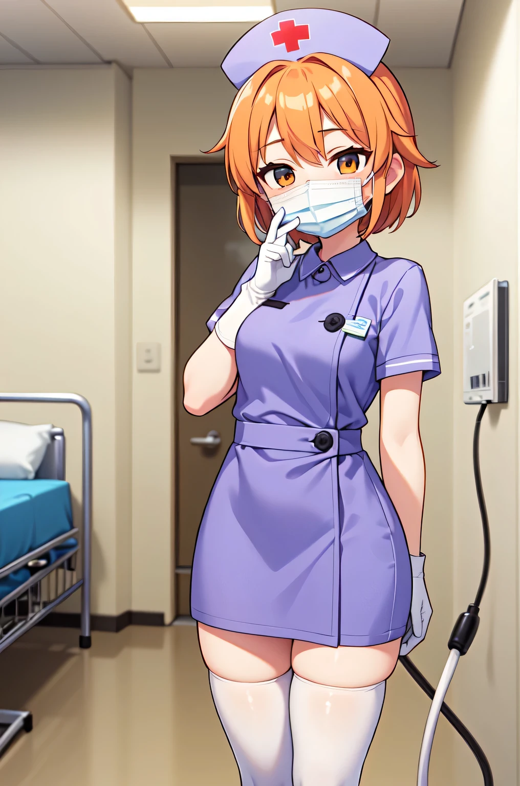 1girl, solo, nurse, nurse cap, white nurse uniform, ((white legwear, zettai ryouiki)), white gloves, very short hair, orange hair, ((white surgical mask, covered nose)), standing, ((hospital room)), sharp outline, short sleeves, tomboy, boyish, best quality, masterpiece