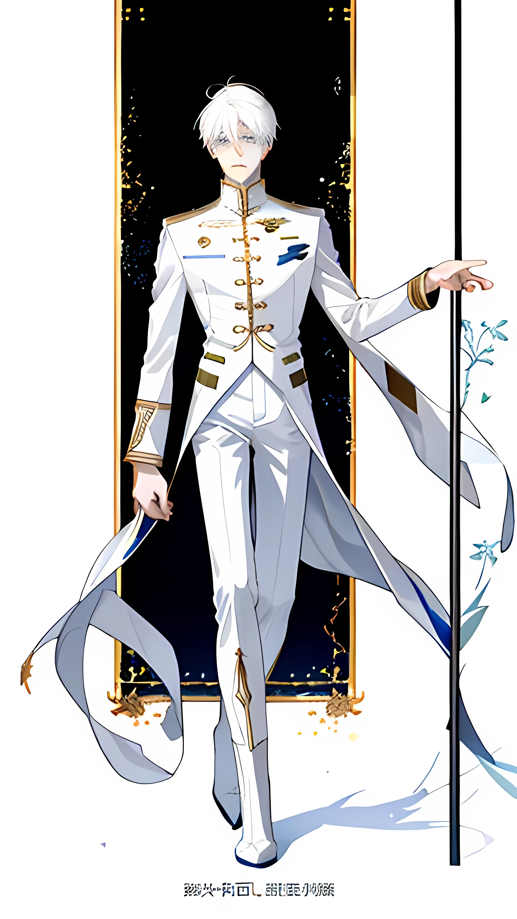 first-class、high resolution、One Man、Are standing、Long legs、white hair short hair、White collared military uniform、White trousers、White boots、suspicious、stylish