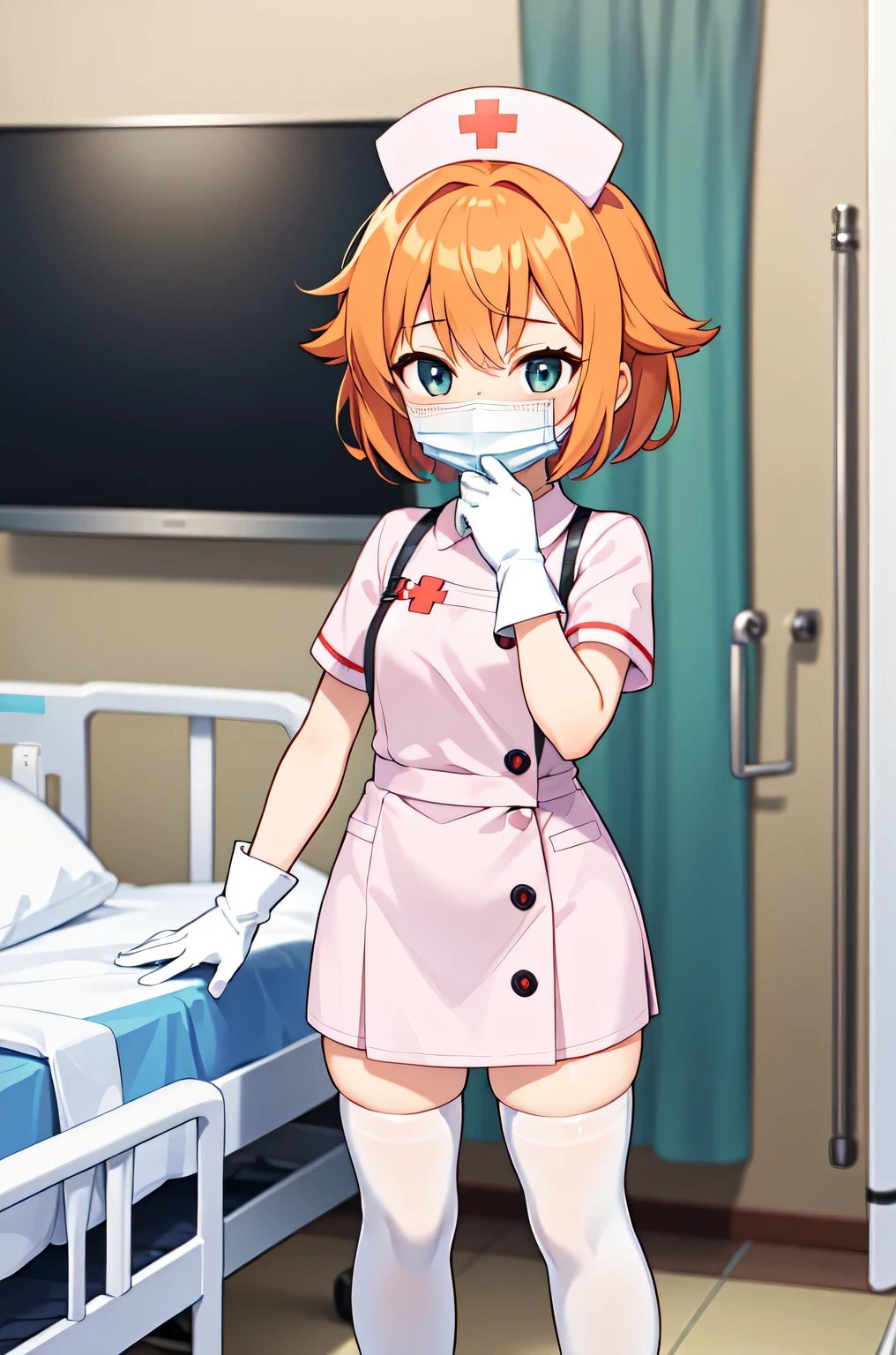 1girl, solo, nurse, nurse cap, white nurse uniform, ((white legwear, zettai ryouiki)), white gloves, very short hair, orange hair, ((white surgical mask, covered nose)), standing, ((hospital room)), sharp outline, short sleeves, tomboy, boyish, best quality, masterpiece