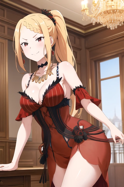 masterpiece,best quality,high resolution,8k1woman,(megami magazine:),pale skin,fighter,(blonde braided bangs low ponytail hair:)seductive smile,red eyes,large breasts,large ass,small nipples,red dress,choker,bare shoulders, hair ornaments,clavicle, necklace, Cleavage, Exposing shoulders, Red dress, Removable sleeves, Black sleeves,, indoor, chandelier,, Are standing,clothed,