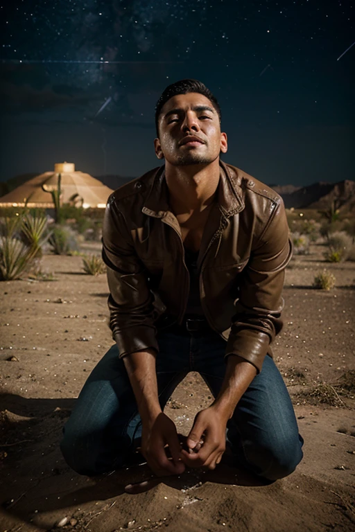 young man of 25 years, Latino, Carlos, on his knees, prostrate, surrendered. at night, in the desert, crying, in the rain, looking up at the stars, sky and stars in the background