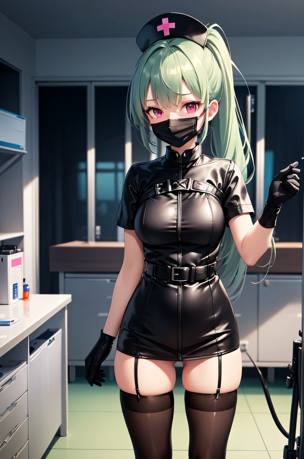black nurse, 1girl, solo, black nurse cap, black nurse uniform, ((black legwear, zettai ryouiki)), black elbow gloves, ponytail, green hair, pink eyes, ((black surgical mask, covered nose)), standing, ((surgery room)), sharp outline, short sleeves, best quality, masterpiece