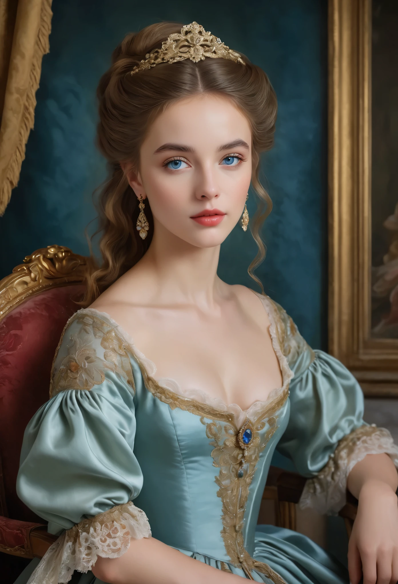 (highres,masterpiece:1.2),(realistic:1.37)A portrait of a French aristocrat girl in the 18th century with unparalleled beauty. She has mesmerizing blue eyes and delicate rosy lips. The portrait is meticulously detailed, capturing every subtle nuance of her features. She is adorned in an exquisite silk gown, embellished with intricate lace and delicate embroidery. The painting showcases the opulence of the era, with lush velvet curtains and gilded furniture in the background. The lighting is soft and diffused, accentuating the girl's ethereal beauty. The colors are vibrant and rich, creating a captivating visual experience. The portrait is created in the style of classical portraiture, reminiscent of the works of renowned artists from the era. It exudes elegance, grace, and sophistication.