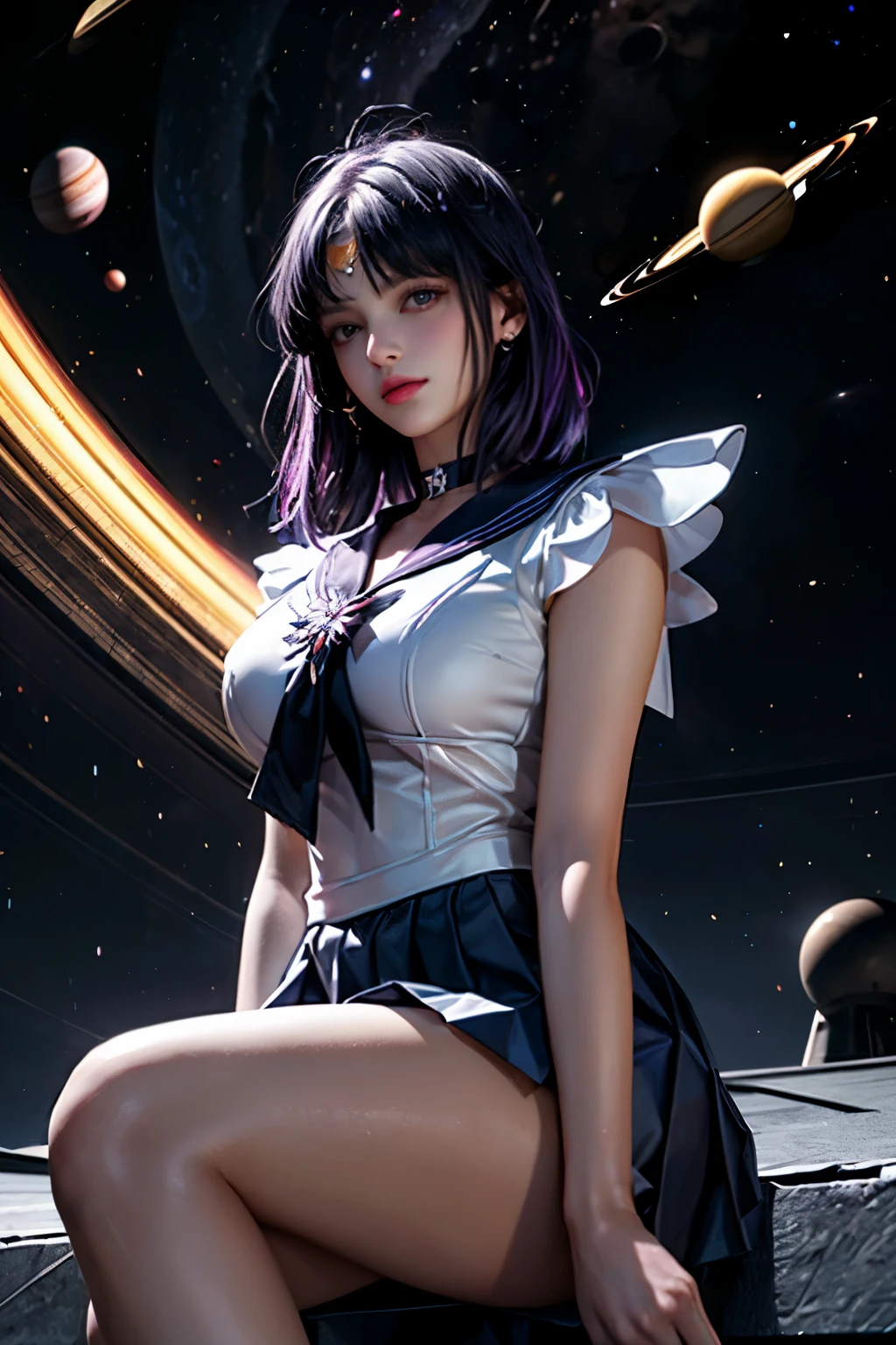 (Ultra-realistic,32k, masterpiece:1.2),(Skin with attention to detail:1.1),( high quality:1.1),
Sailor Saturn,Severe,Purple Hair, tiara, Sailor Warrior Uniforms, Purple sailor color, Pleated skirt, Elbow hand pockets, jewelry, brooch, choker, universe, (Planet Saturn:1.2) In the background, Huge breasts,big breasts,(View your viewers, Sitting, From below:1.1), (Neon Light:1.1),