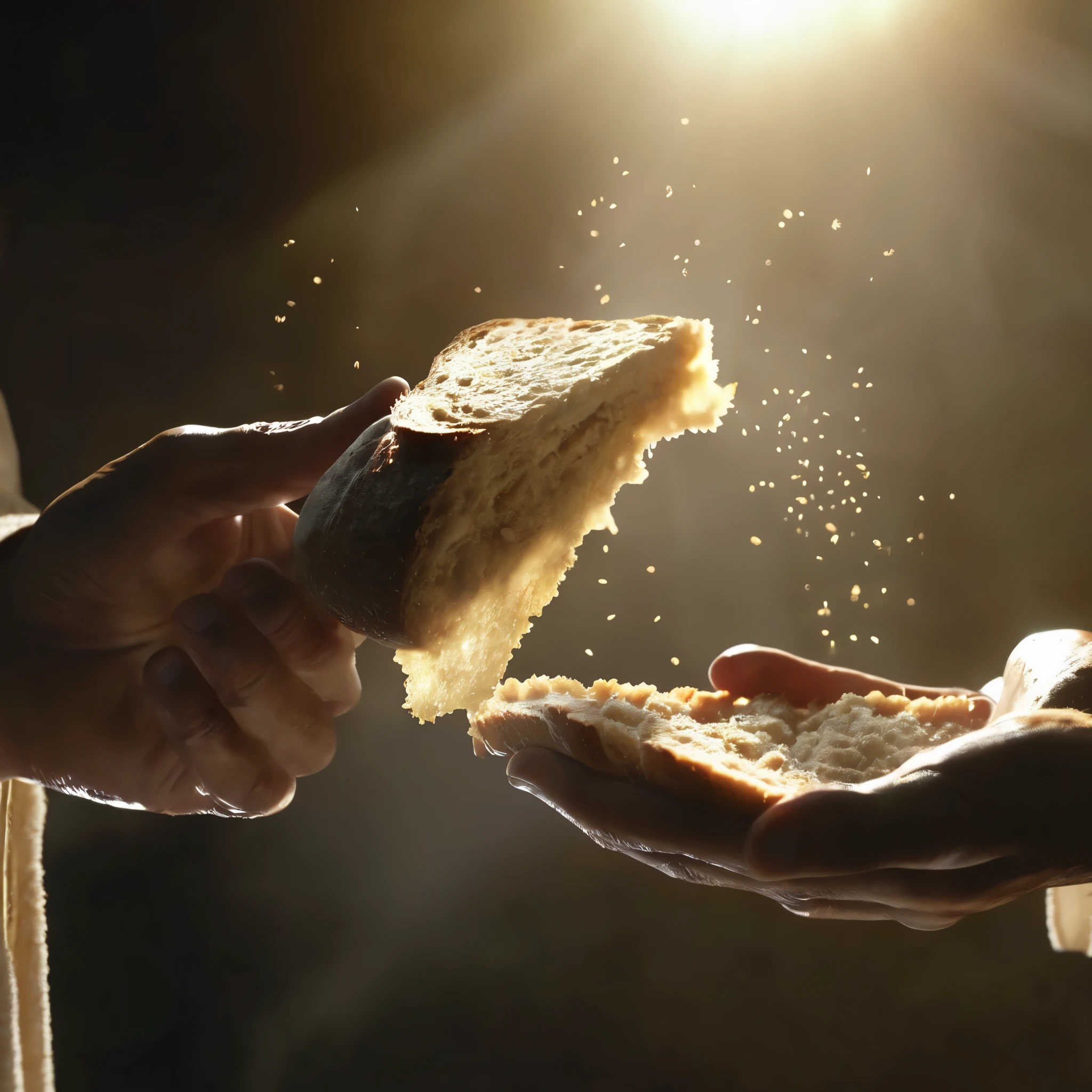 a close-up of Jesus' hands holding a small piece of bread in the air, breaking the bread in half, raios de luz, dust particles, Cinematic Light, 4k, ultra realista