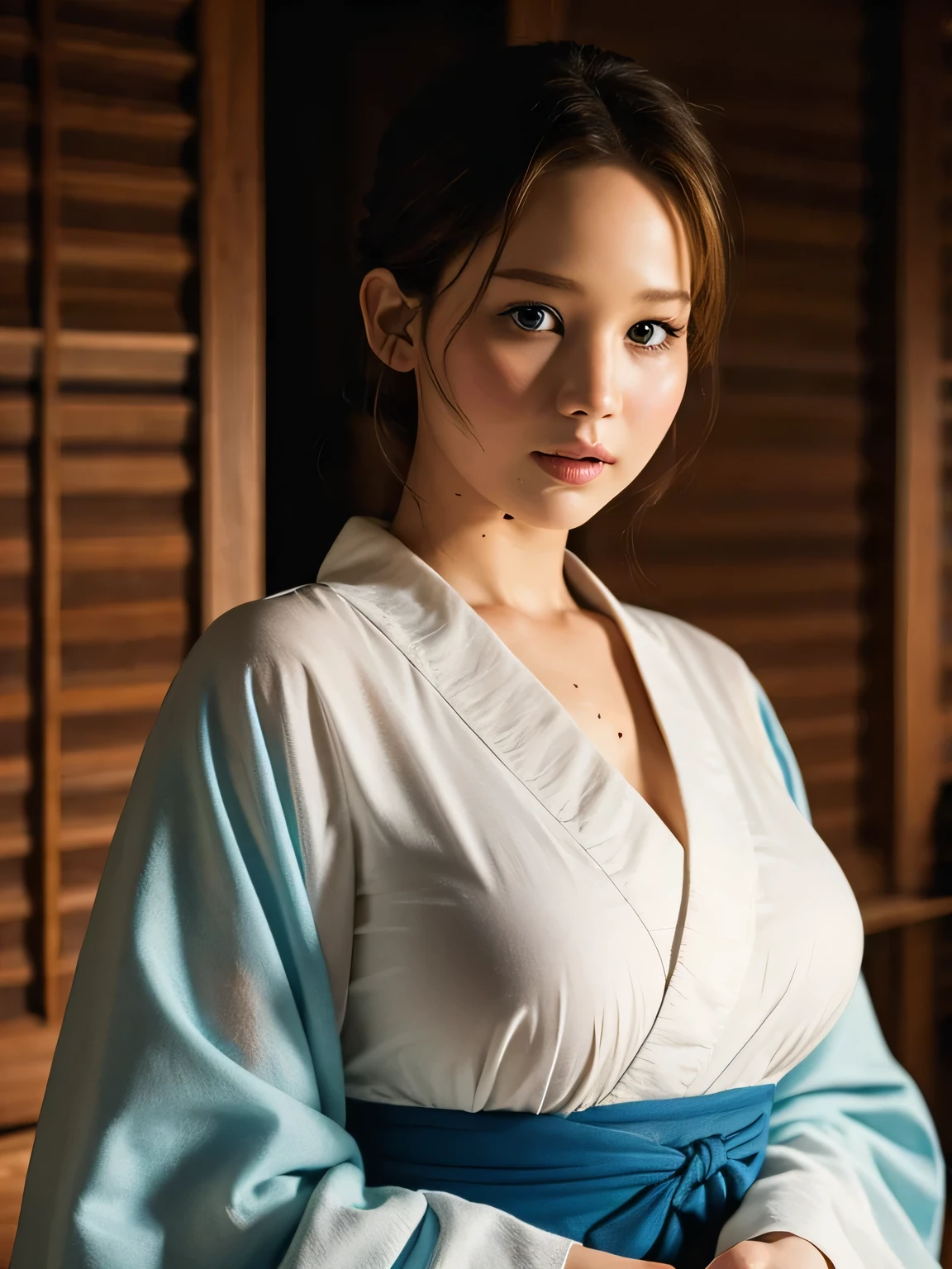 beautiful, masterpiece, best quality, extremely detailed face, perfect lighting, Jennifer Lawrence, solo, japanese clothes, kimono, short kimono, cowboy shot