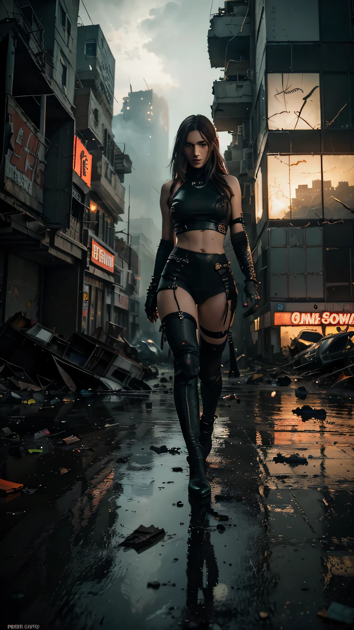 (best quality,4k,8k,highres,masterpiece:1.2),ultra-detailed,(realistic,photorealistic,photo-realistic:1.37),destroyed city,in ruins,debris everywhere,Tokyo Japan,manga style,top view,abandoned buildings,collapsed skyscrapers,dilapidated streets,dusty air,wreckage,crumbling infrastructure,overgrown vegetation,battle-scarred landscape,cracked asphalt,vibrant graffiti,post-apocalyptic atmosphere,desolate cityscape,moody lighting,ominous clouds,desperation,ruined vehicles,tall skyscrapers leaning dangerously,rubble and wreckage piled up,crushed street signs,broken windows,tattered flags,twisted metal,crushed billboards,overturned cars,shattered glass,remnants of shattered lives,desperate survivors,unstable structures,fallen power lines,submerged architecture,chaotic scenes,debris floating in floodwater,distance mountains shrouded in mist,dark alleys,shadowy figures,lit windows in the distant buildings,creepers winding through cracks,surreal manga-inspired characters,expressive eyes and dynamic poses,varied and vibrant hair colors,characters in futuristic attire,visual storytelling,immersive perspective,comic book panel aesthetic,deep shadows and bold linework,striking contrasts,bright neon signs,pops of color amidst destruction,dynamic compositions,motion lines and speed effects,gritty yet vivid color palette,glowing eyes,grungy textures,ominous atmosphere,reflection of dystopian society,urban decay,devastation and resilience,mix of fantasy and reality,tension between hope and despair,unpredictable narrative,dramatic impact,imagination in chaos, anime, manga style