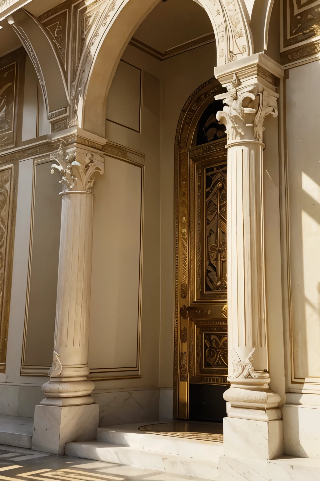 A captivating close-up of a white neo-classical building, showcasing intricately carved columns and ornate details. The black door, adorned with golden hardware, stands out against the pristine background. A balcony extends from the second floor, casting dappled shadows on the building's facade. This exquisite architectural marvel, a testament to neoclassicism style, boasts grandeur and elegance. Neoclassical architecture, with its classical elements and symmetry, leaves one in awe, as if stepping into a masterpiece of art and history.